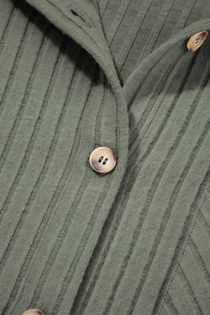 Mist Green Thermal Ribbed Texture Drop Shoulder Button Up Shacket
