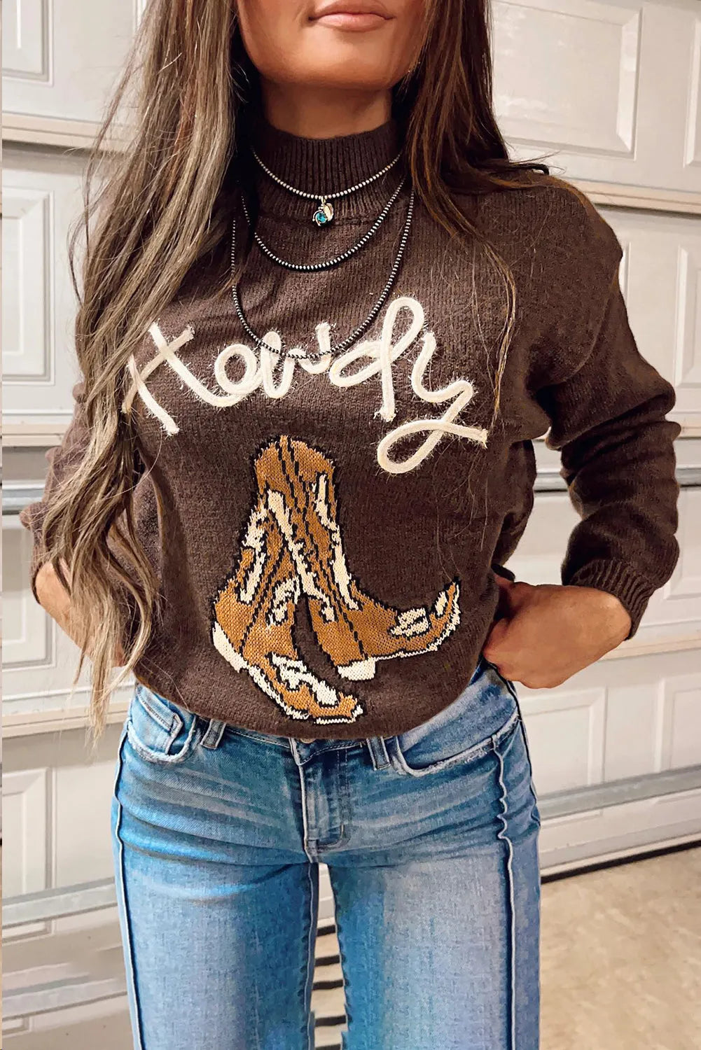 Coffee Western Howdy Boot Graphic High Neck Sweater - Chic Meadow Boutique 