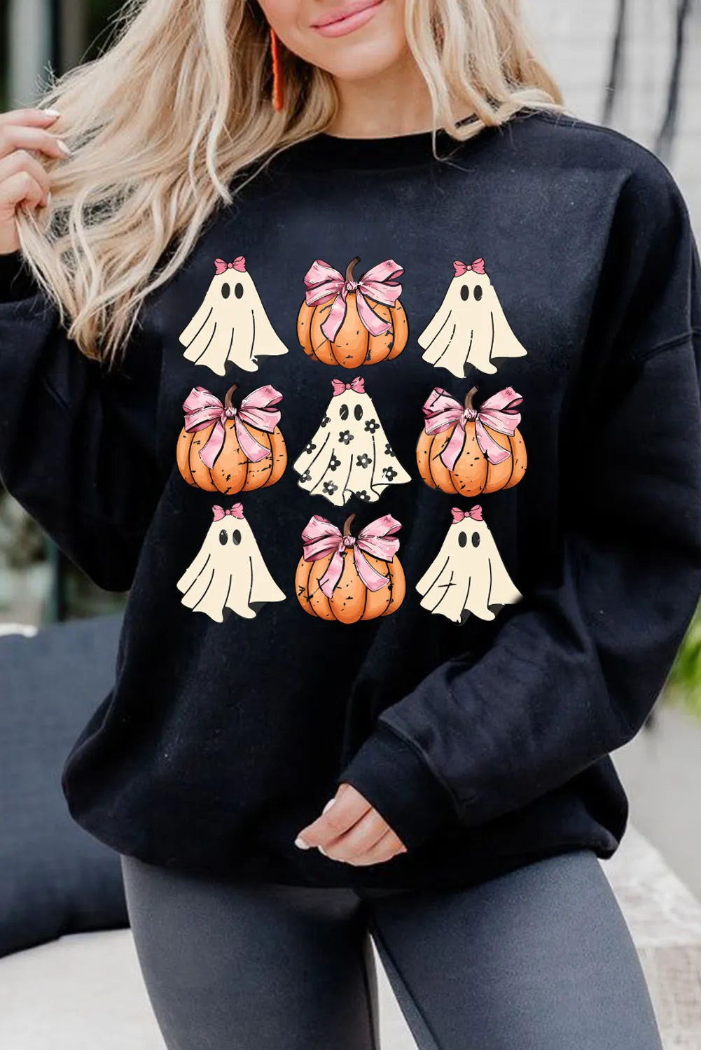 Black Halloween Bowknot Ghost Pumpkin Graphic Crewneck Sweatshirt - Chic Meadow Boutique 