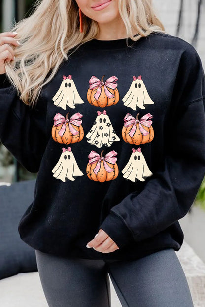 Black Halloween Bowknot Ghost Pumpkin Graphic Crewneck Sweatshirt - Chic Meadow Boutique 