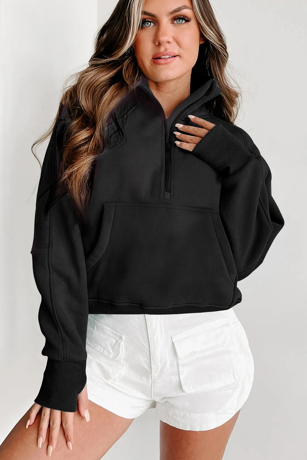 Black Quarter Zip Stand Neck Kangaroo Pocket Sweatshirt - Chic Meadow Boutique 