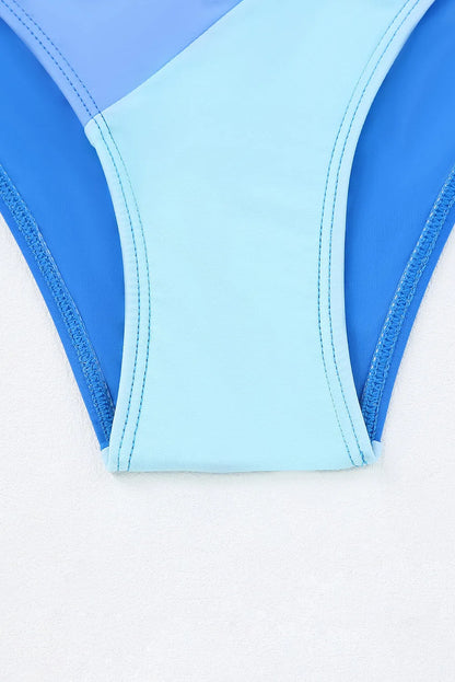 Sky Blue Ombre Color Block Tie Shoulder Bikini High Waist Swimsuit - Chic Meadow Boutique 