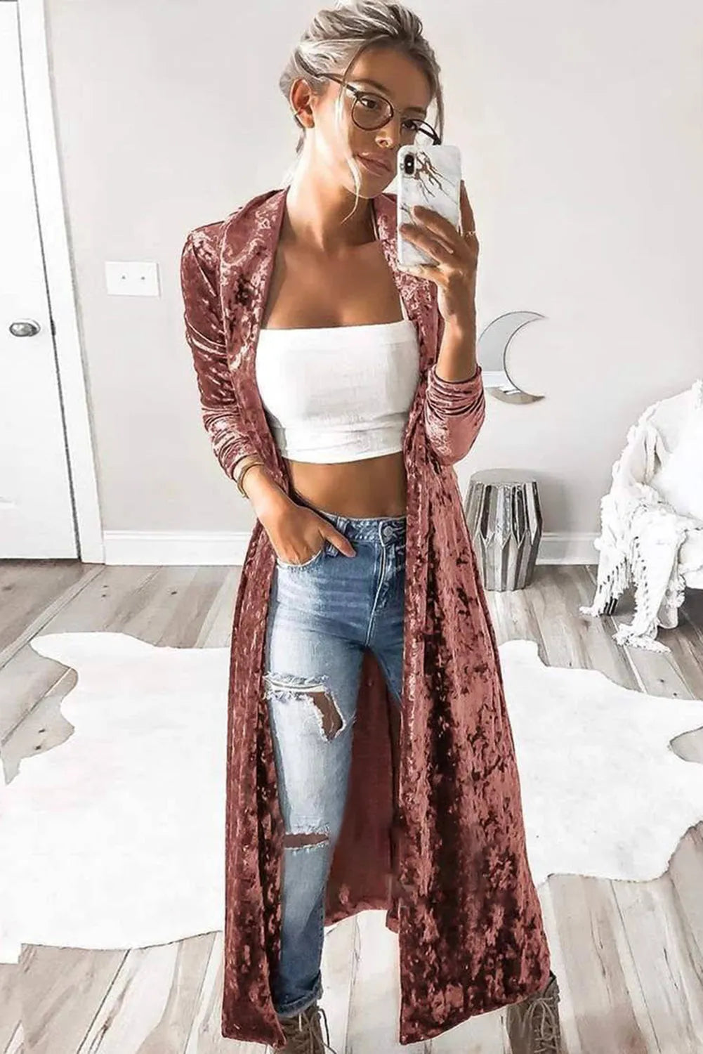 Pink Lapel Open Front Duster Velvet Cardigan - Chic Meadow Boutique 