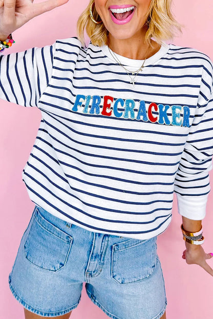 Blue Stripe Chenille FIRECRACKER Embroidered Sweatshirt - Chic Meadow Boutique 