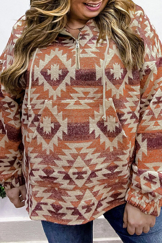 Red Plus Size Western Fashion Aztec Patterned Half Zip High Neck Hoodie - Chic Meadow Boutique 