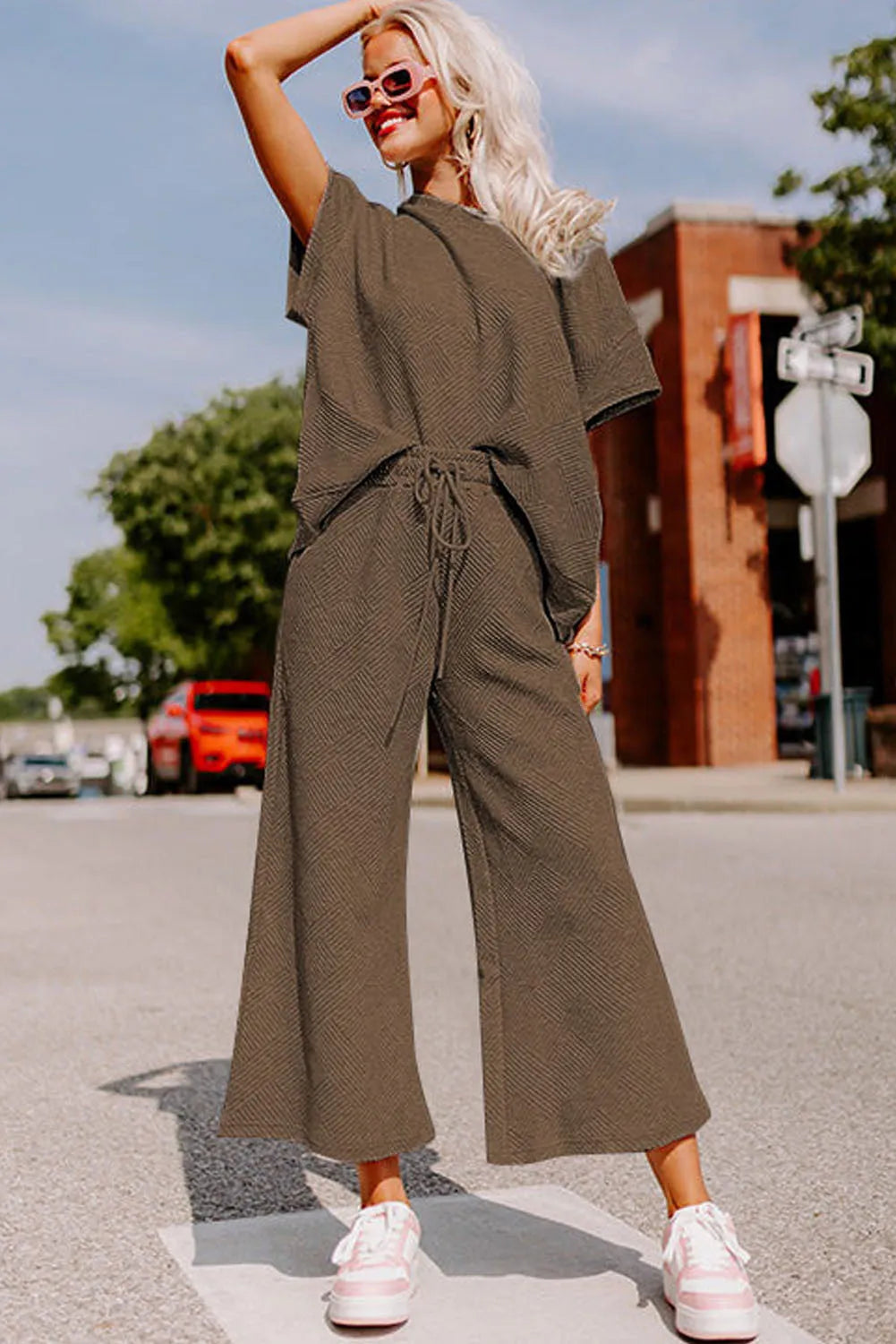 Brown Textured Loose Fit T Shirt and Drawstring Pants Set - Chic Meadow Boutique 