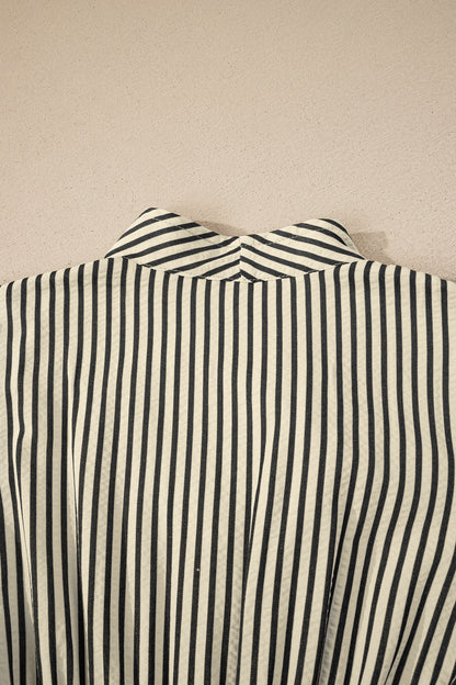 Black Stripe V Neck Zip Front Cinched High Waist Midi Dress