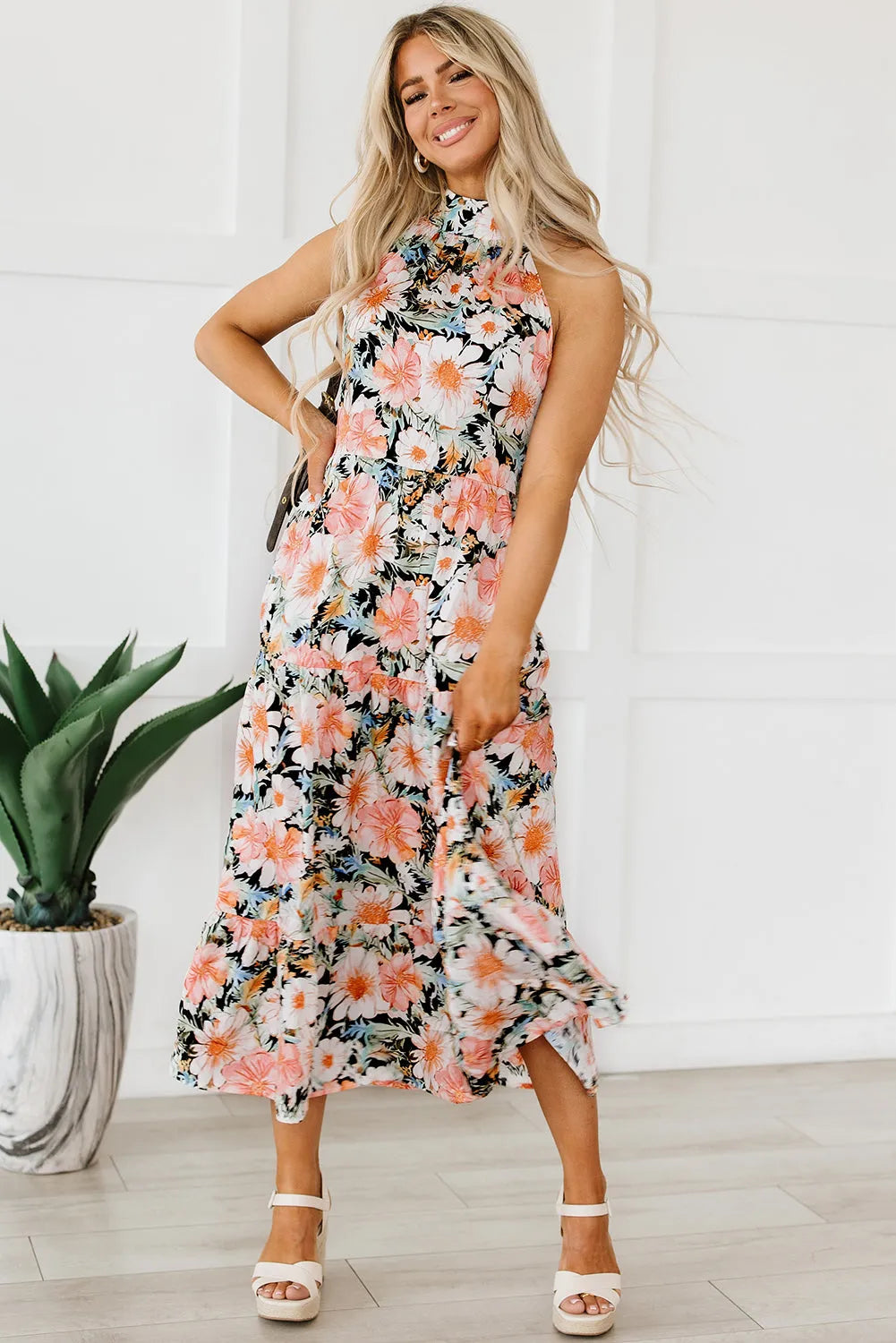 Black Boho Floral Print Knotted Halter Ruffled Maxi Dress - Chic Meadow Boutique 