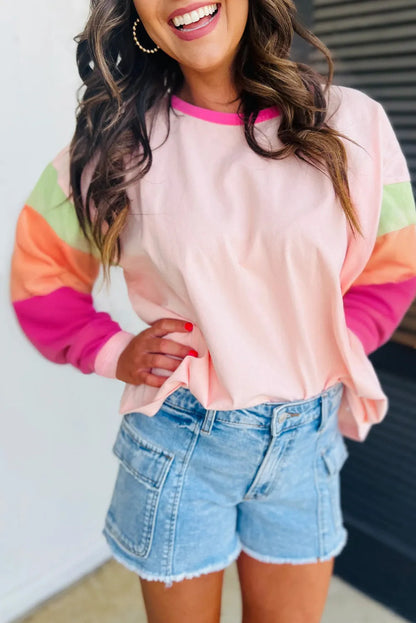 Pink Colorblock Patchwork Long Sleeve Loose Top - Chic Meadow Boutique 