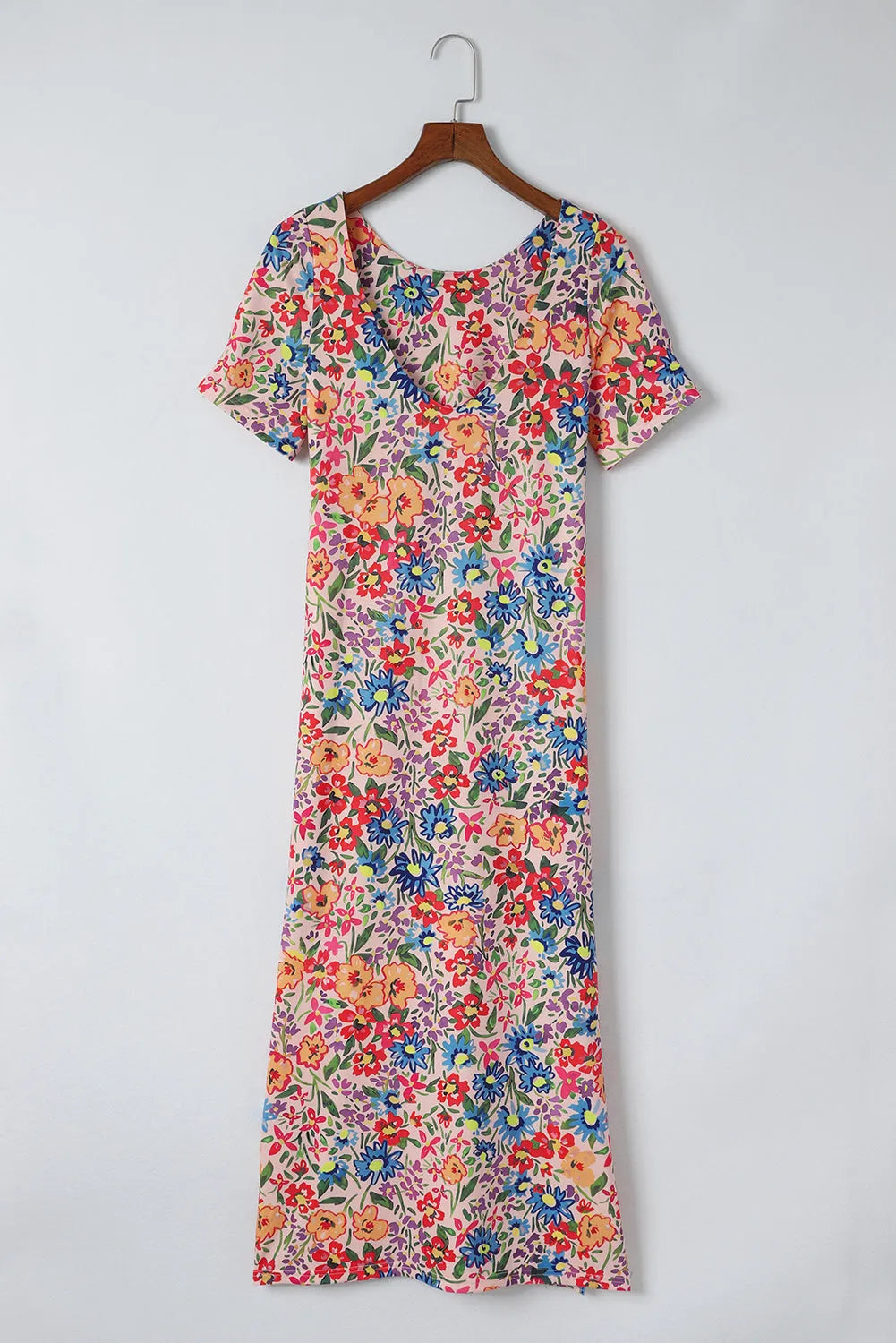 Multicolor Long Floral Print Short Sleeve Holiday Dress - Chic Meadow Boutique 