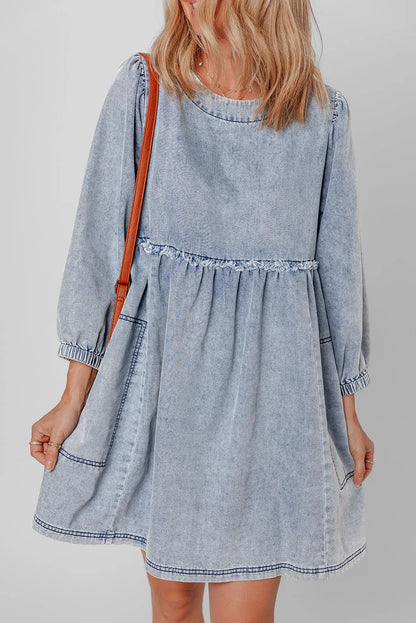 Beau Blue Light Wash High Waist Loose Fit Denim Mini Dress - Chic Meadow Boutique 