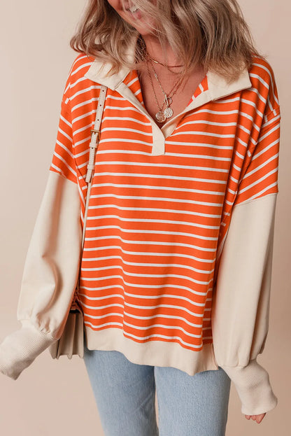 Orange Stripe Color Block Loose Fit Collared Drop Shoulder Sweatshirt - Chic Meadow Boutique 