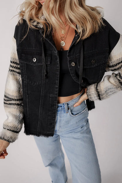 Black Plaid Sleeve Frayed Hem Hooded Denim Jacket - Chic Meadow Boutique 