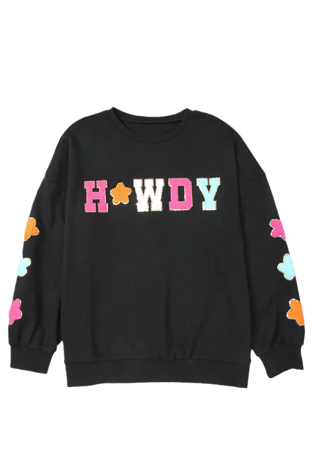 Black Howdy Glitter Chenille Patch Graphic Casual Sweatshirt - Chic Meadow Boutique 