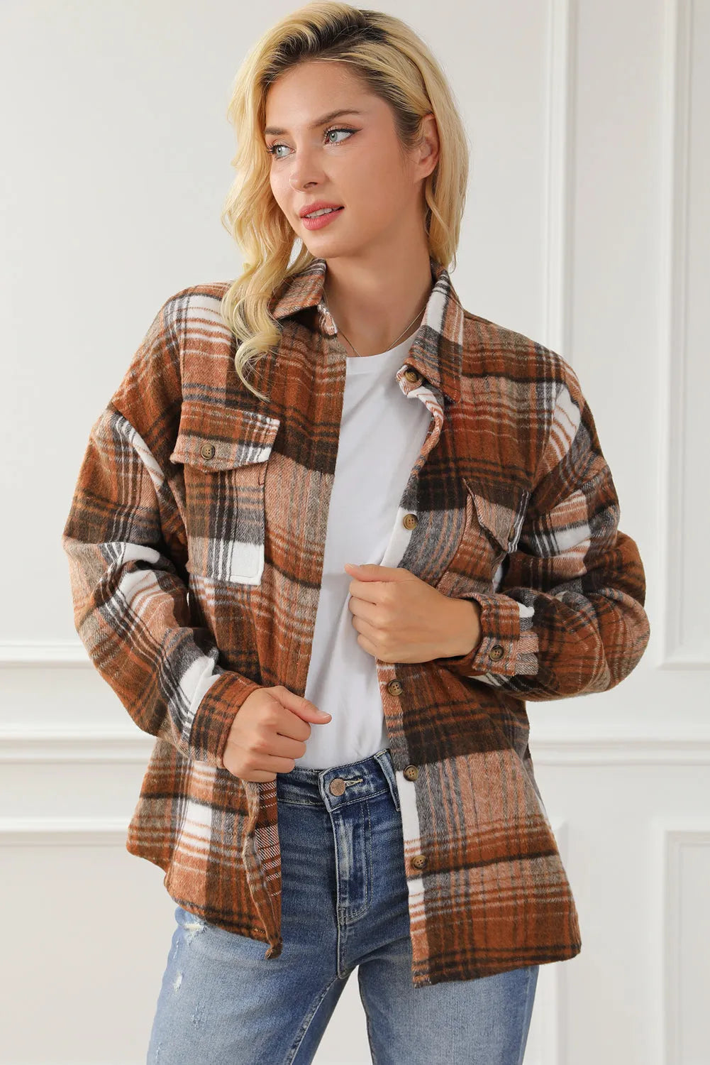 Brown Plaid Flap Pockets Shacket - Chic Meadow Boutique 