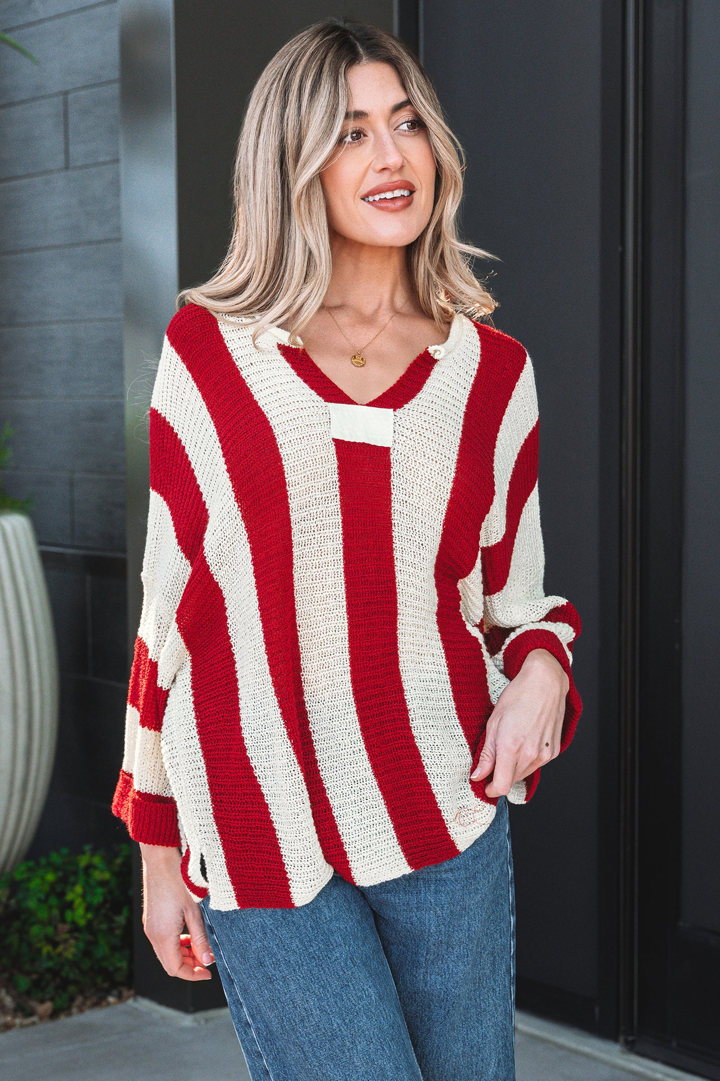 Red Stripe Colorblock V Neck Bracelet Sleeve Sweater