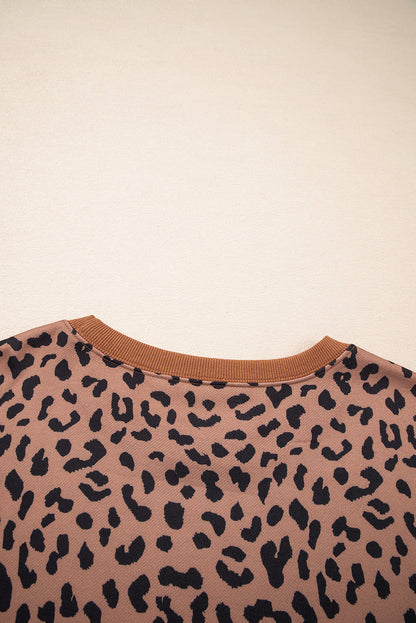 Khaki Leopard Striped Patchwork Plus Size Loose Sweatshirt