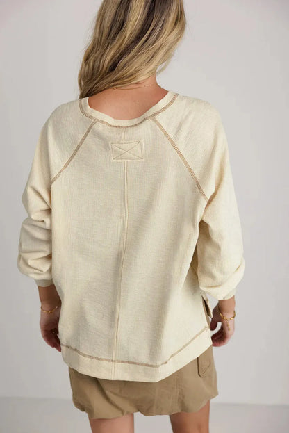 Beige Exposed Seam Textured Knit V Neck Pullover Top - Chic Meadow Boutique 