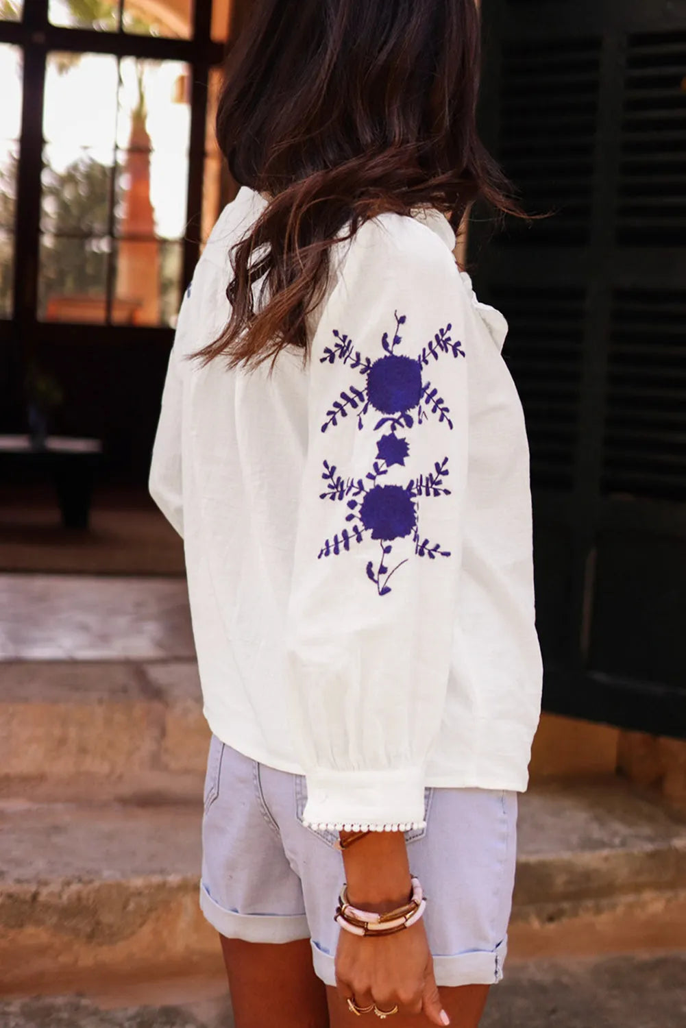 White Floral Embroidered Bracelet Sleeve Shirt - Chic Meadow Boutique 