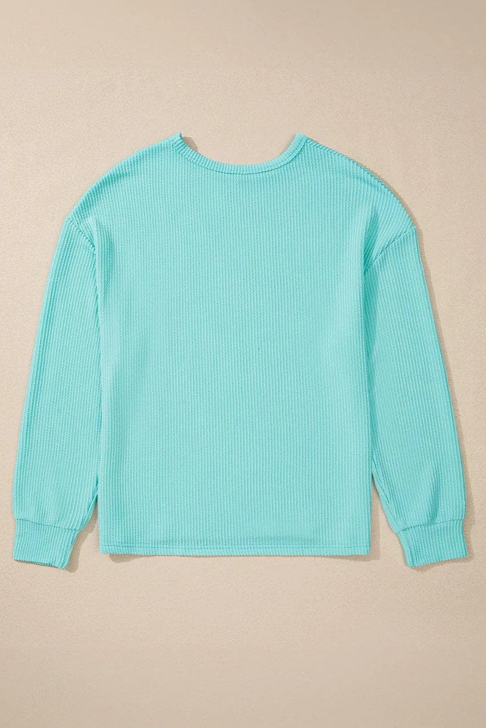 Tops/Long Sleeve Tops Aruba Blue Solid Color Corded Knit Round Neck Top