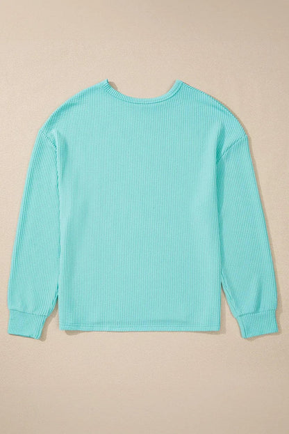 Tops/Long Sleeve Tops Aruba Blue Solid Color Corded Knit Round Neck Top