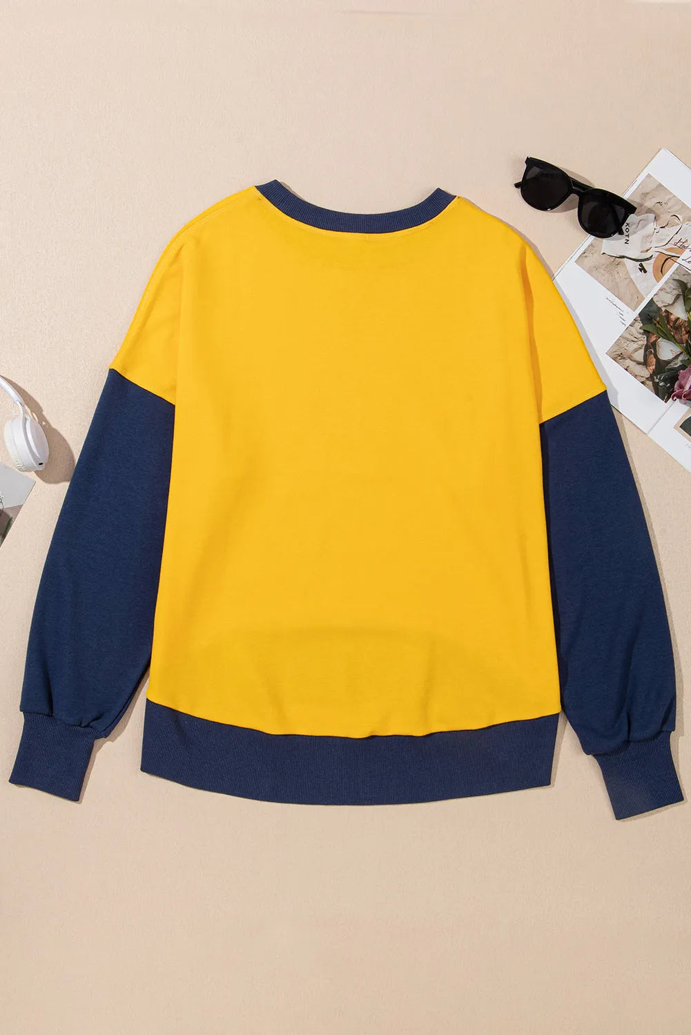 Tops/Sweatshirts & Hoodies Yellow Color Block Thumbhole Sleeve Drop Shoulder Sweatshirt