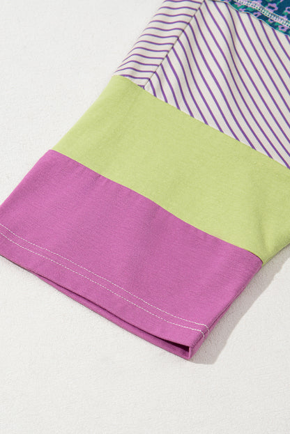 Purple Stripe Floral Color Block Raw Edge Patchwork Bracelet Sleeve Blouse