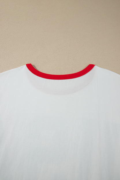 White Retro USA Striped Trim Short Sleeve Plus Size Tee