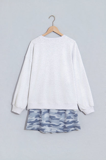 Gray Camo Letter Print Lounge Long Sleeve Top Skort 2pcs Set