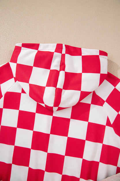 Red Checkered Print Half Zip Hoodie Loose Pant Set