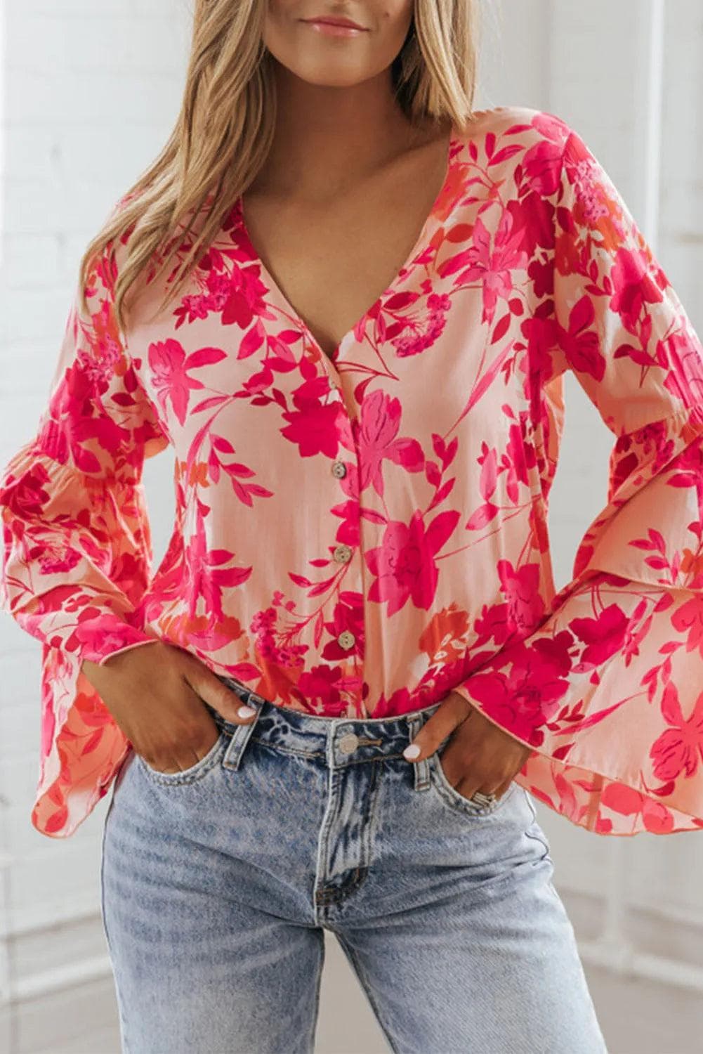 Tops/Bodysuits Pink Floral Print Tiered Bell Long Sleeve Buttoned Bodysuit