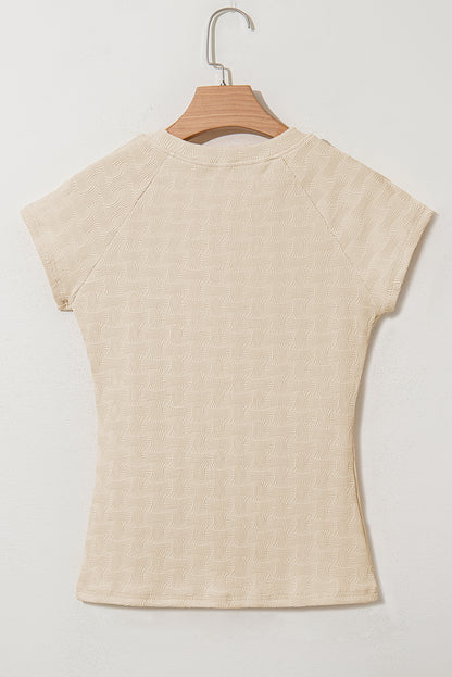 Beige Textured Crew Neck Cap Sleeve Slim Stretchy T Shirt