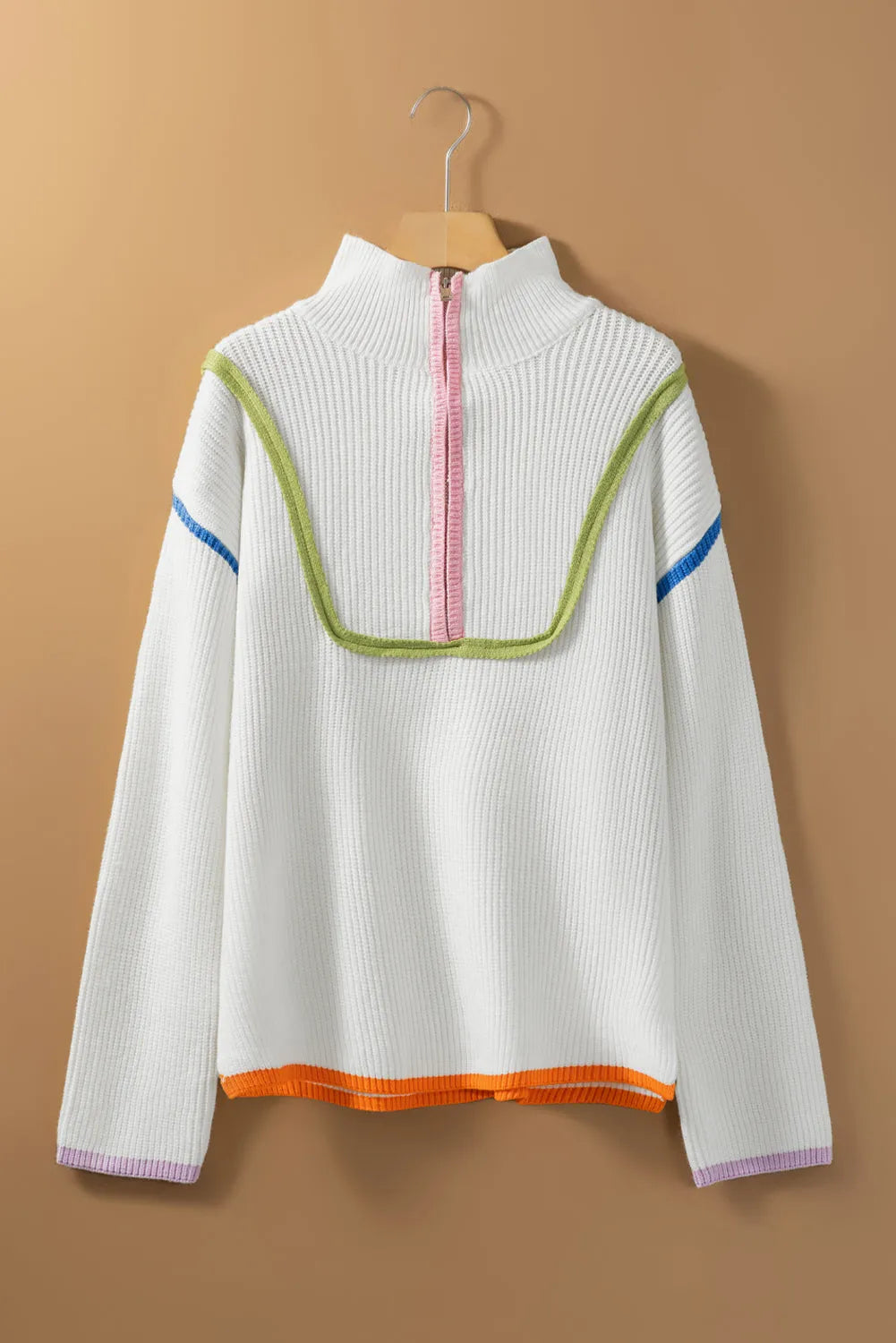 White Colorful Edge Quarter Zip Drop Shoulder Sweater - Chic Meadow Boutique 