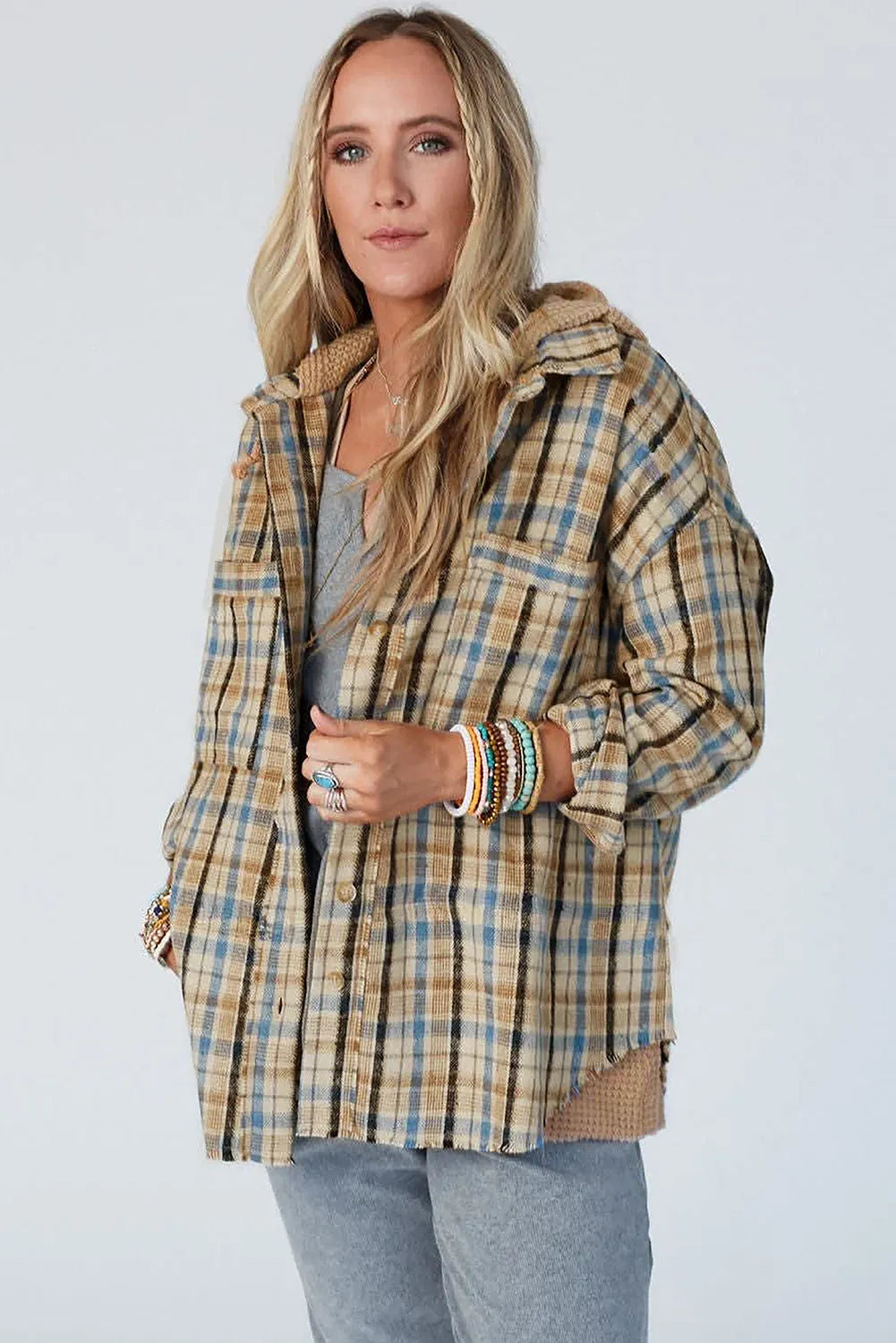 Ashleigh Blue Waffle Knit Patchwork Hooded Plaid Shacket - Chic Meadow Boutique 