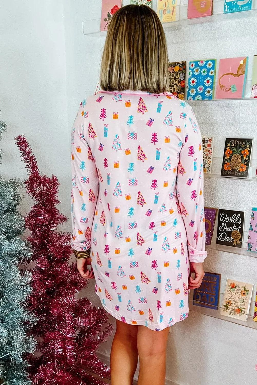 Loungewear & Sleepwear/Sleepwear Pink Christmas Twinkle Tree Print Shirt Sleep Dress