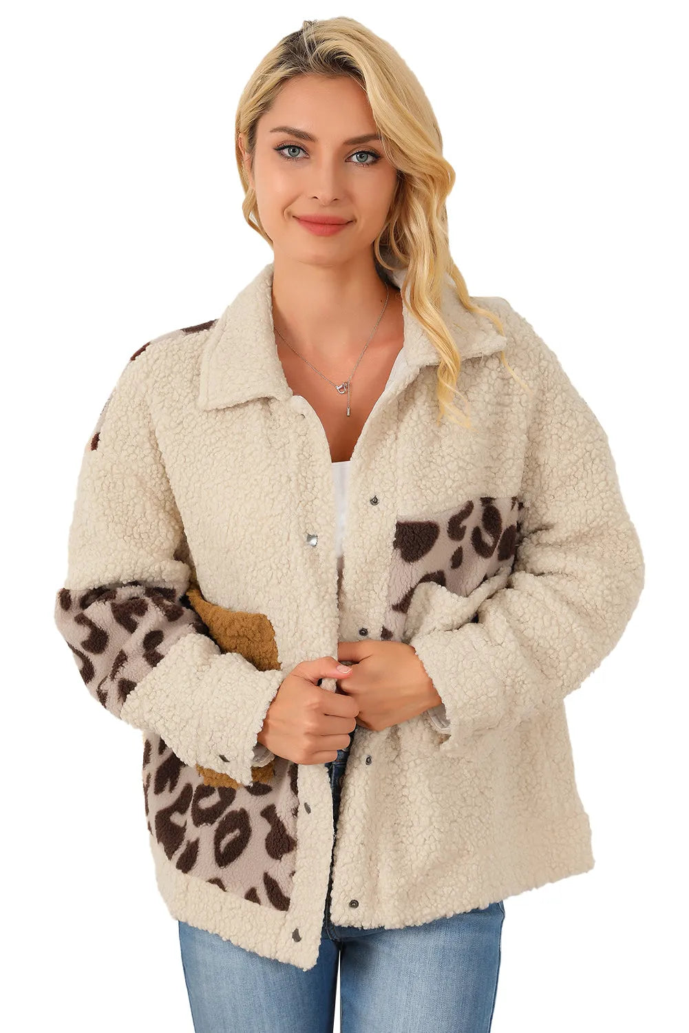 Beige Leopard Patchwork Snap Buttons Sherpa Jacket - Chic Meadow Boutique 