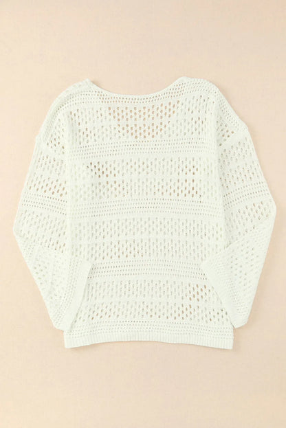 White Hollow Out Crochet V Neck Pullover Sweater - Chic Meadow Boutique 