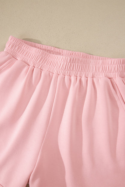 Light Pink Solid Color Exposed Seam Mock Neck Oversize Tee Casual Shorts 2pcs Outfit