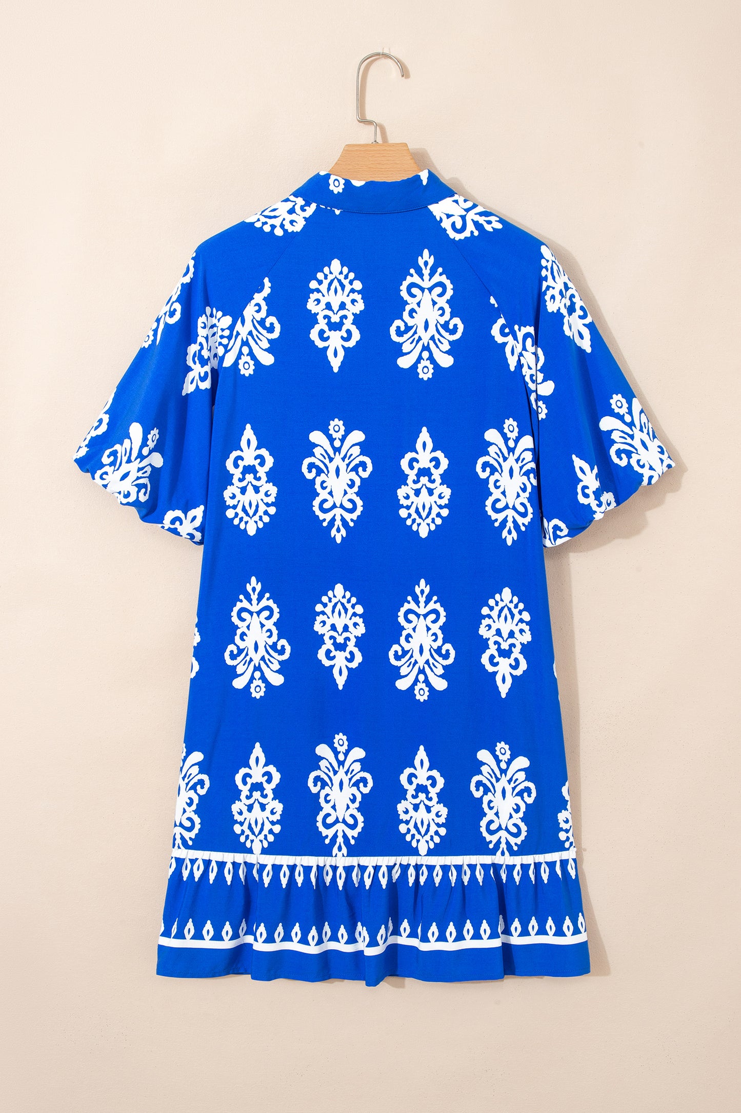 Blue Ethnic Geometric Print Collared Button Front Short Puff Sleeve Mini Dress