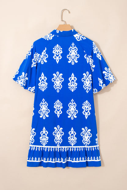 Blue Ethnic Geometric Print Collared Button Front Short Puff Sleeve Mini Dress