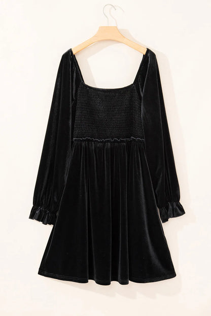 Black Velvet Flounce Sleeve Shirred Bodice Plus Babydoll Dress - Chic Meadow Boutique 