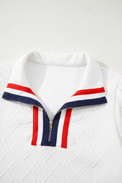 White Textured Jacquard Colorblock Edge Puff Sleeve Quarter Zip Mini Dress