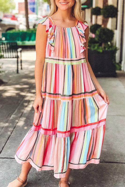 Pink Rainbow Stripe Ruffles Ruched Tiered Dress - Chic Meadow Boutique 