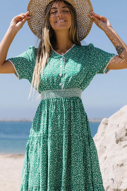 Green Floral Print Lace Splicing Flared High Waist Midi Dress - Chic Meadow Boutique 