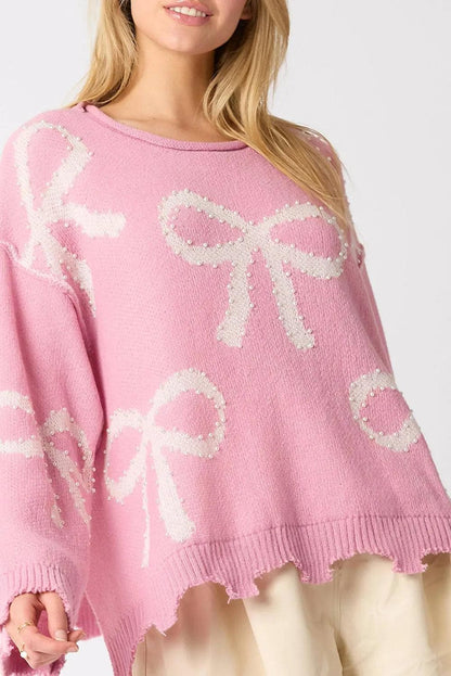 Sweaters & Cardigans/Sweaters Pink / S / 50%Viscose+28%Polyester+22%Polyamide Pink Pearl Beaded Bowknot Pattern Distressed Split Hem Sweater