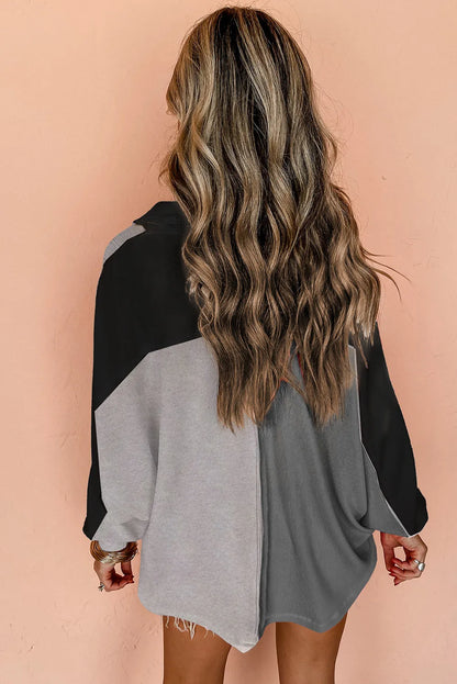 Gray Colorblock Ribbed Collared Oversized Sweatshirt - Chic Meadow Boutique 