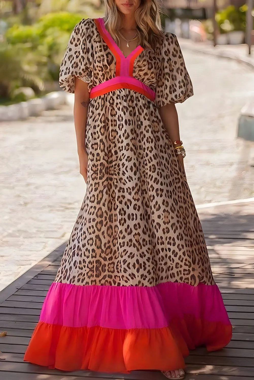 Bright Pink Leopard Colorblock Patchwork Bubble Sleeve Maxi Dress - Chic Meadow Boutique 