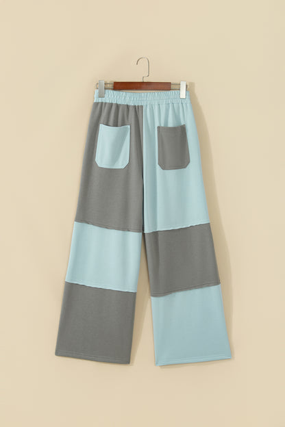 Beau Blue Raw Seam Colorblock Wide Leg Ankle Length Casual Pants