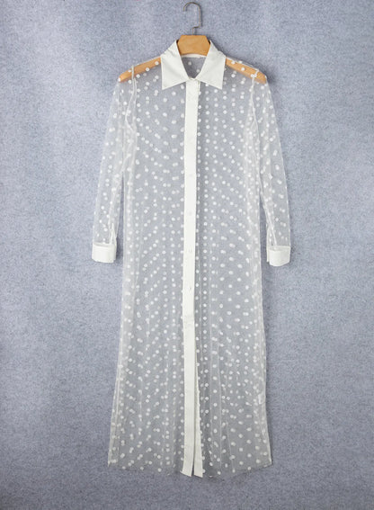 White Polka Dot Print Collared Buttoned Mesh Duster Kimono - Chic Meadow Boutique 