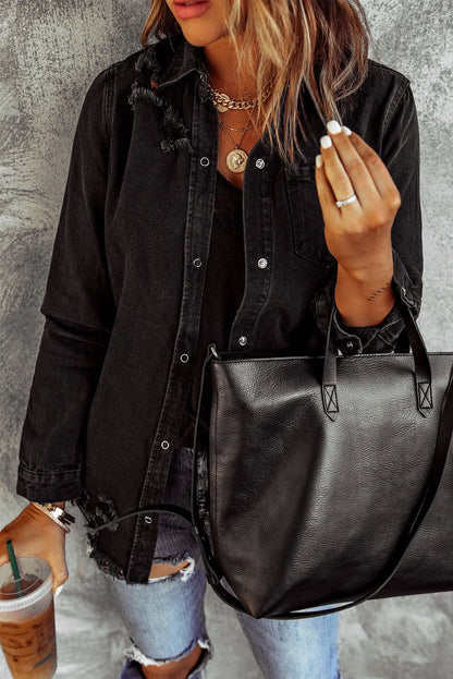 Black Ripped Denim Jacket - Chic Meadow Boutique 